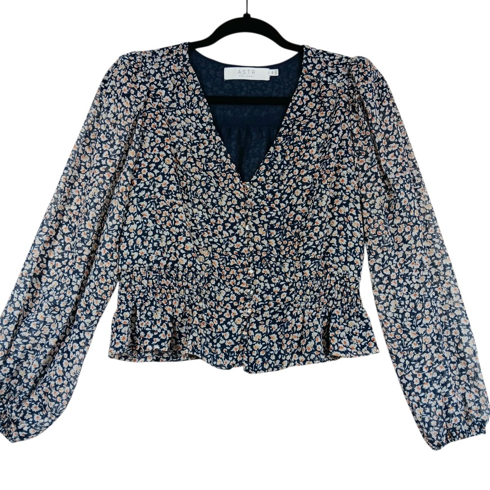 ASTR Floral Navy Crop Top XS Blue Blouse w/ Elastic Waist Boho Festival Style